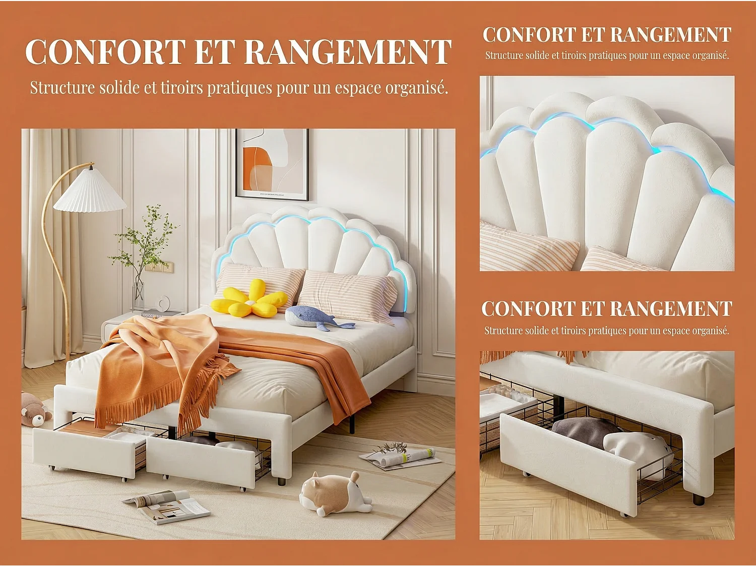 Lit enfant rembourré avec tiroir, style nuage à pétales, velours crème et bleu
