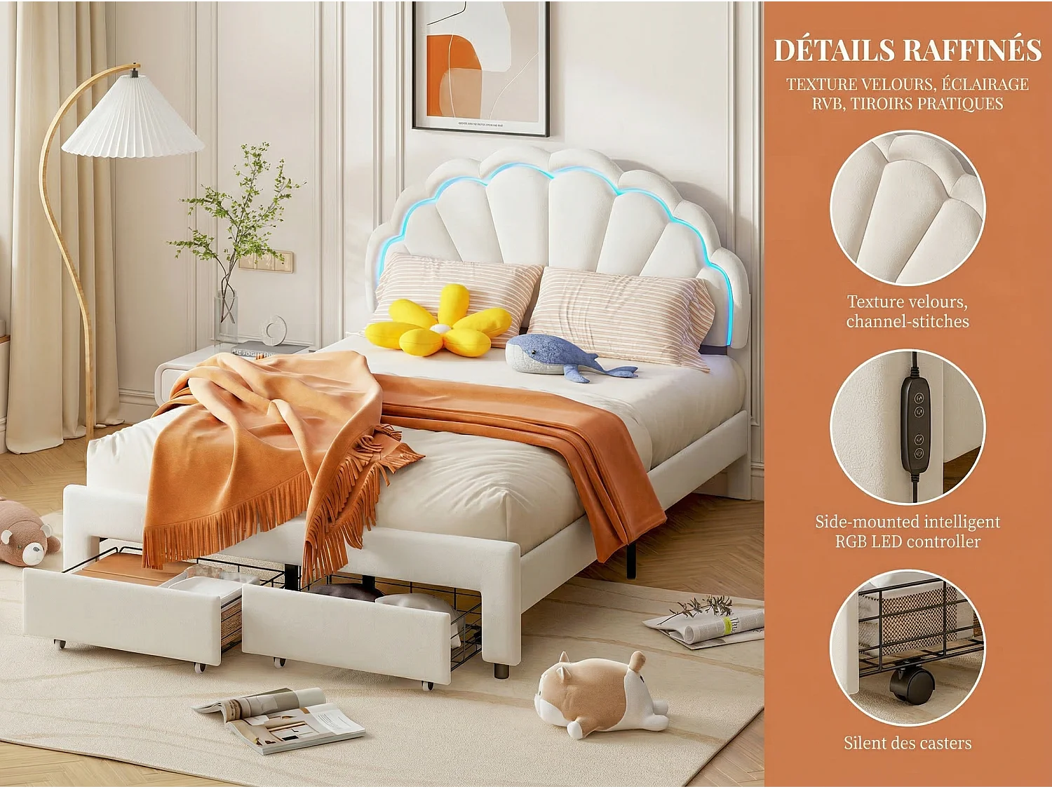 Lit enfant rembourré avec tiroir, style nuage à pétales, velours crème et bleu