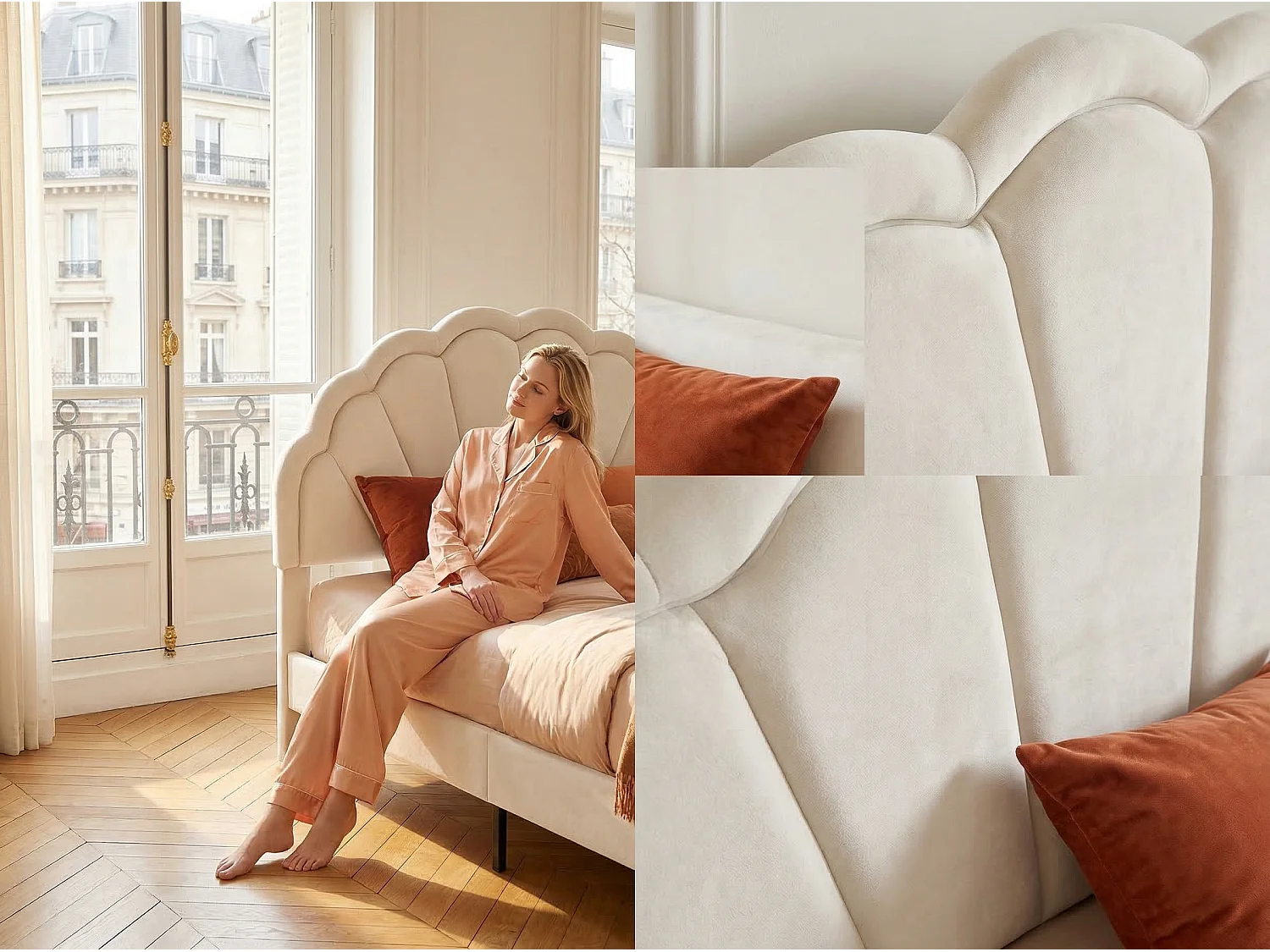 Lit enfant rembourré avec tiroir, style nuage à pétales, velours crème et bleu