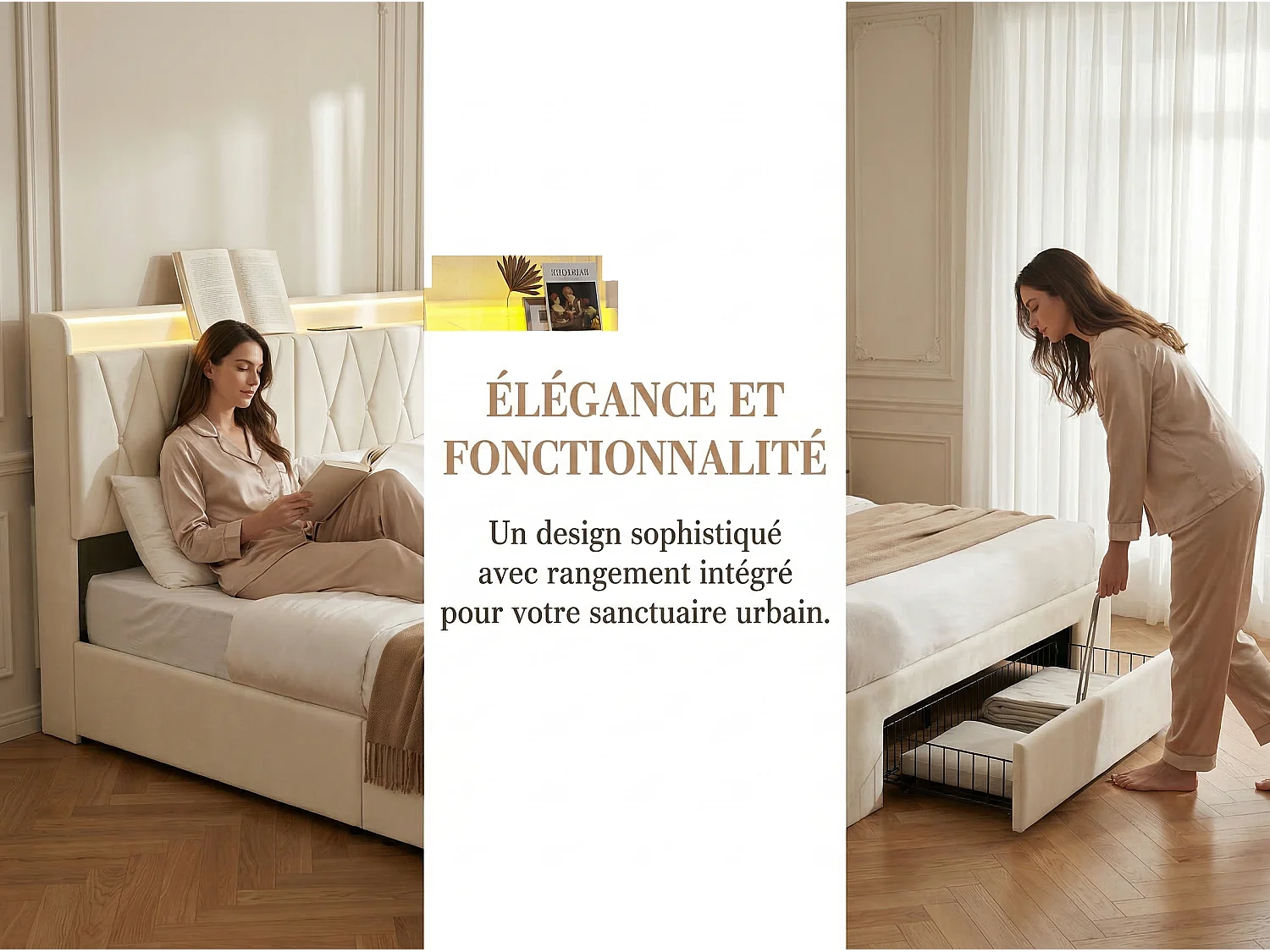 Lit coffre capitonné 140x200cm - Tissu velours beige - Avec espace de rangement - Lumière LED RGB - Avec prise intégrée
