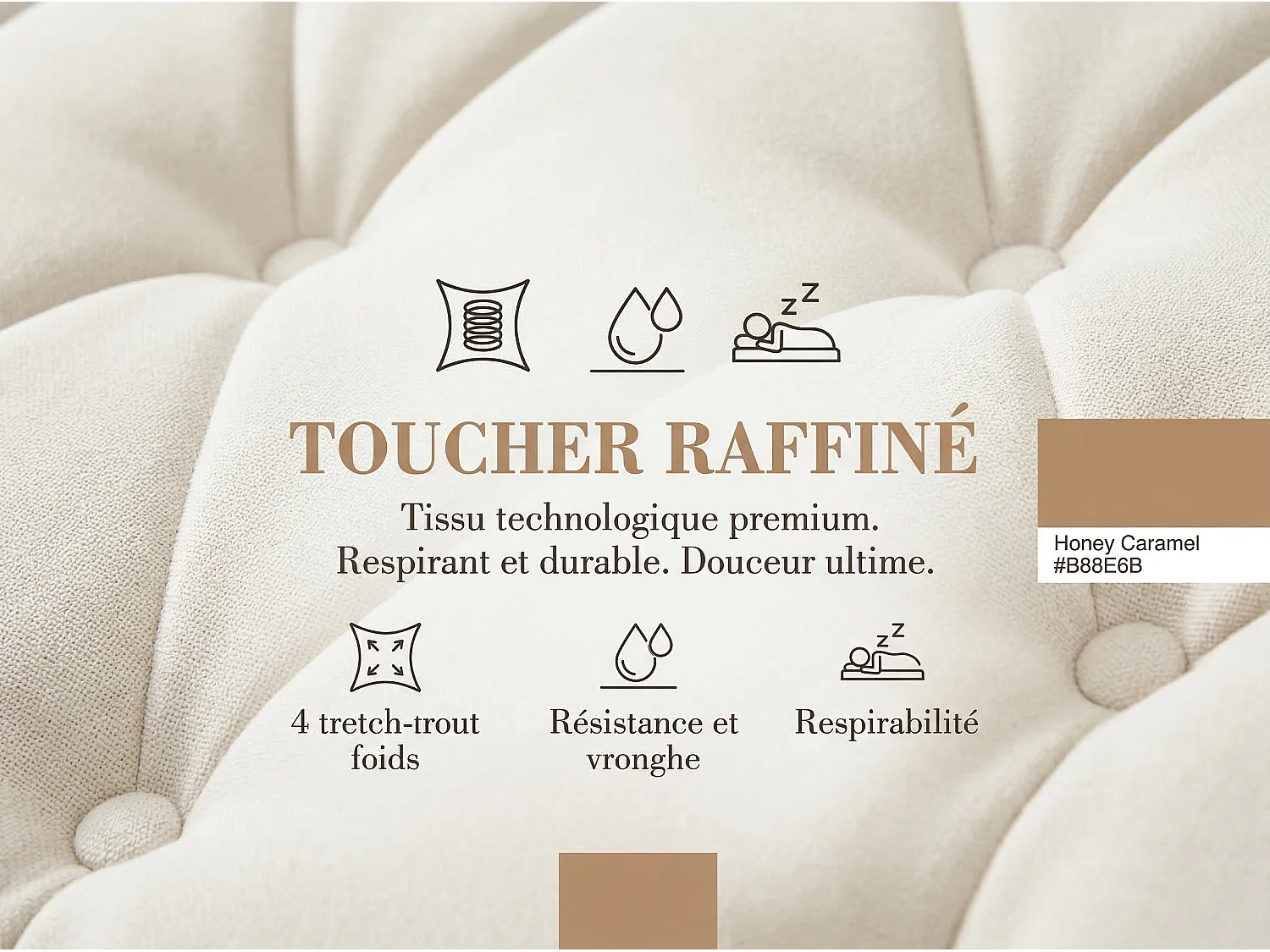 Lit coffre capitonné 140x200cm - Tissu velours beige - Avec espace de rangement - Lumière LED RGB - Avec prise intégrée
