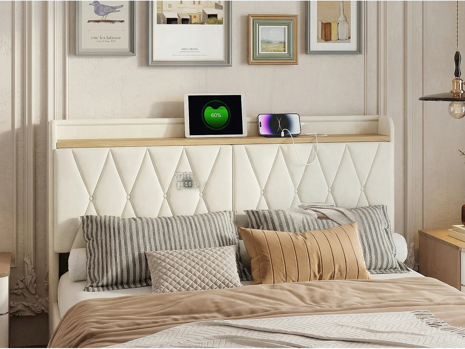 Lit coffre capitonné 140x200cm - Tissu velours beige - Avec espace de rangement - Lumière LED RGB - Avec prise intégrée
