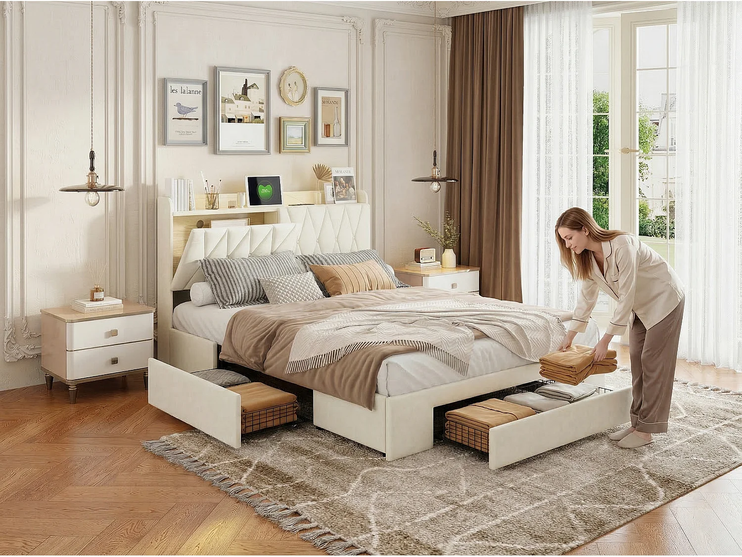 Lit coffre capitonné 140x200cm - Tissu velours beige - Avec espace de rangement - Lumière LED RGB - Avec prise intégrée