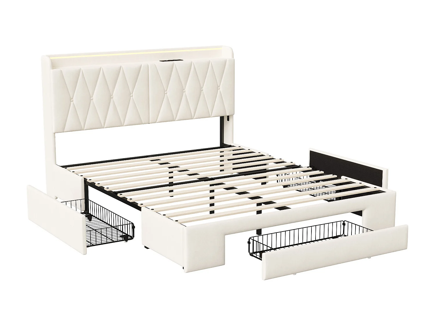Lit coffre capitonné 140x200cm - Tissu velours beige - Avec espace de rangement - Lumière LED RGB - Avec prise intégrée