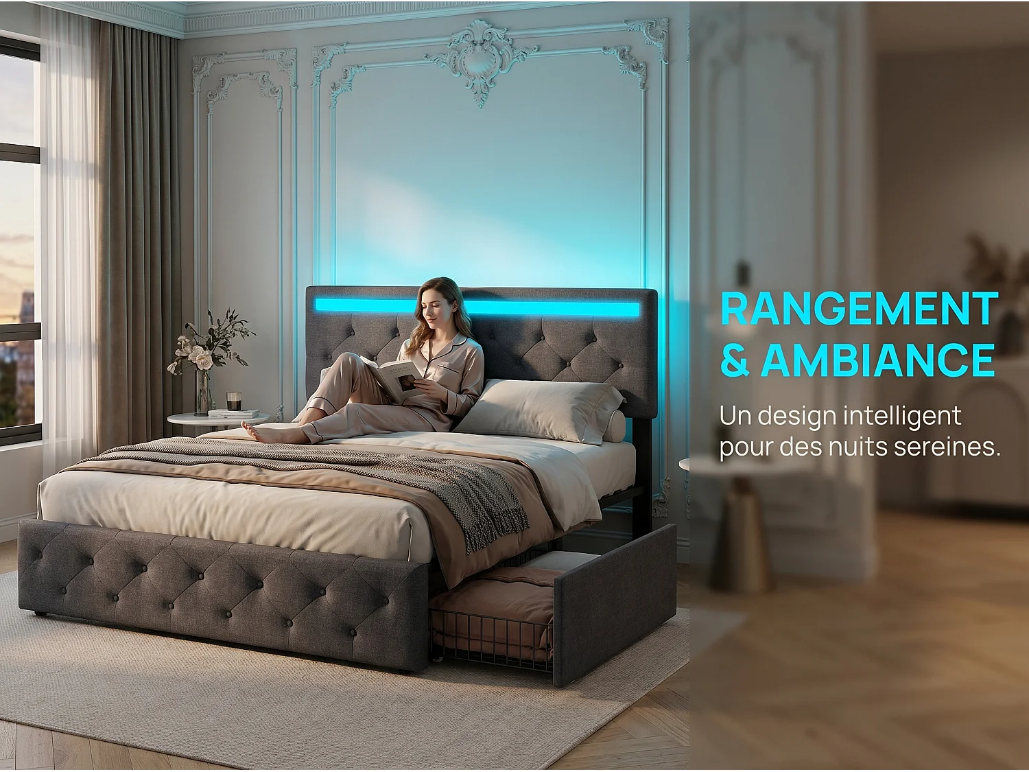 Lit coffre 180 x 200 cm - Tissu lin Gris - LED, USB et tête de lit avec étagères