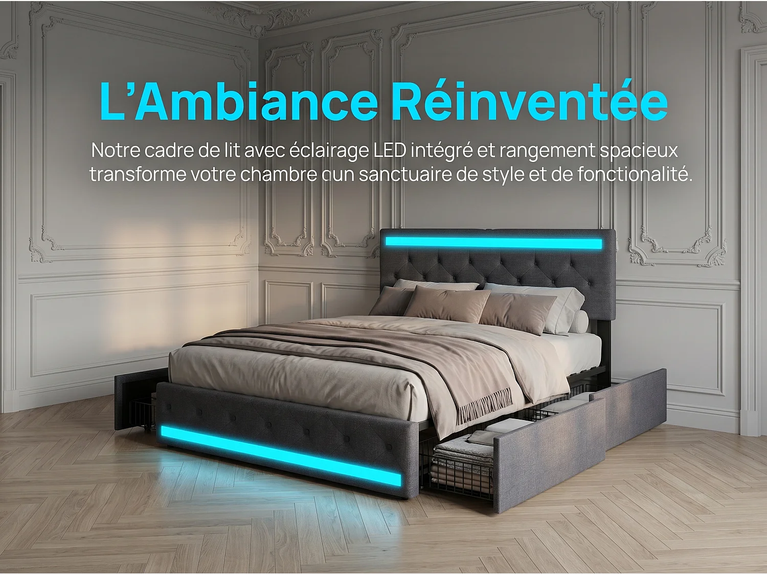 Lit coffre 180 x 200 cm - Tissu lin Gris - LED, USB et tête de lit avec étagères