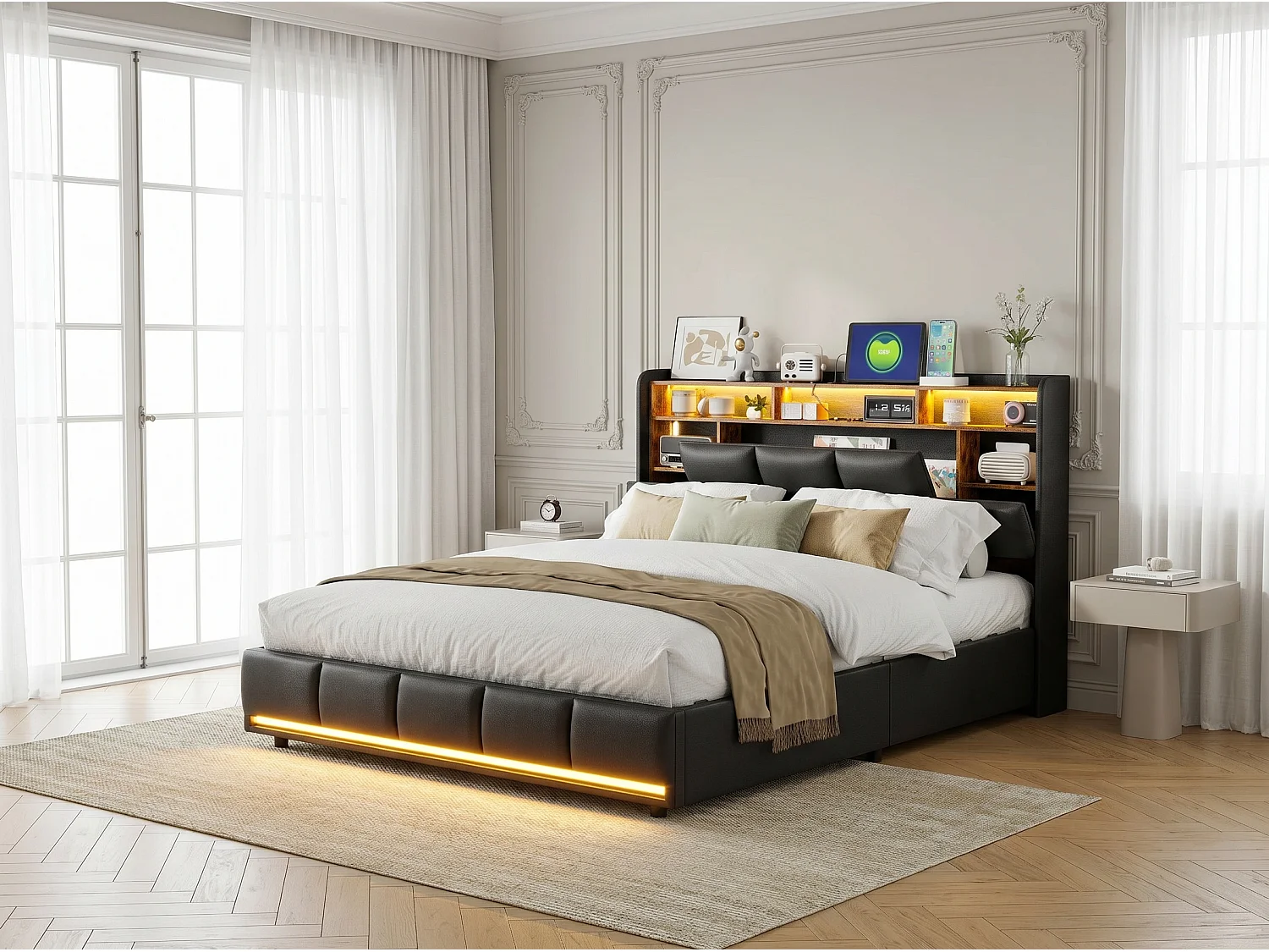Lit modulable 140x200 cm avec tête de lit configurable - LEDs - Recharge sans fil - Fonctions intelligentes - Sommier à lattes et espace de rangement