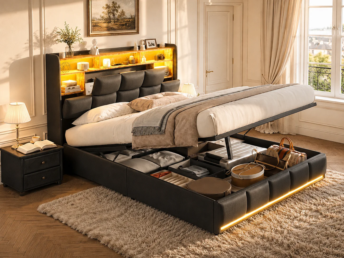 Lit modulable 140 x 200 cm avec tête de lit - LED, USB et rangement