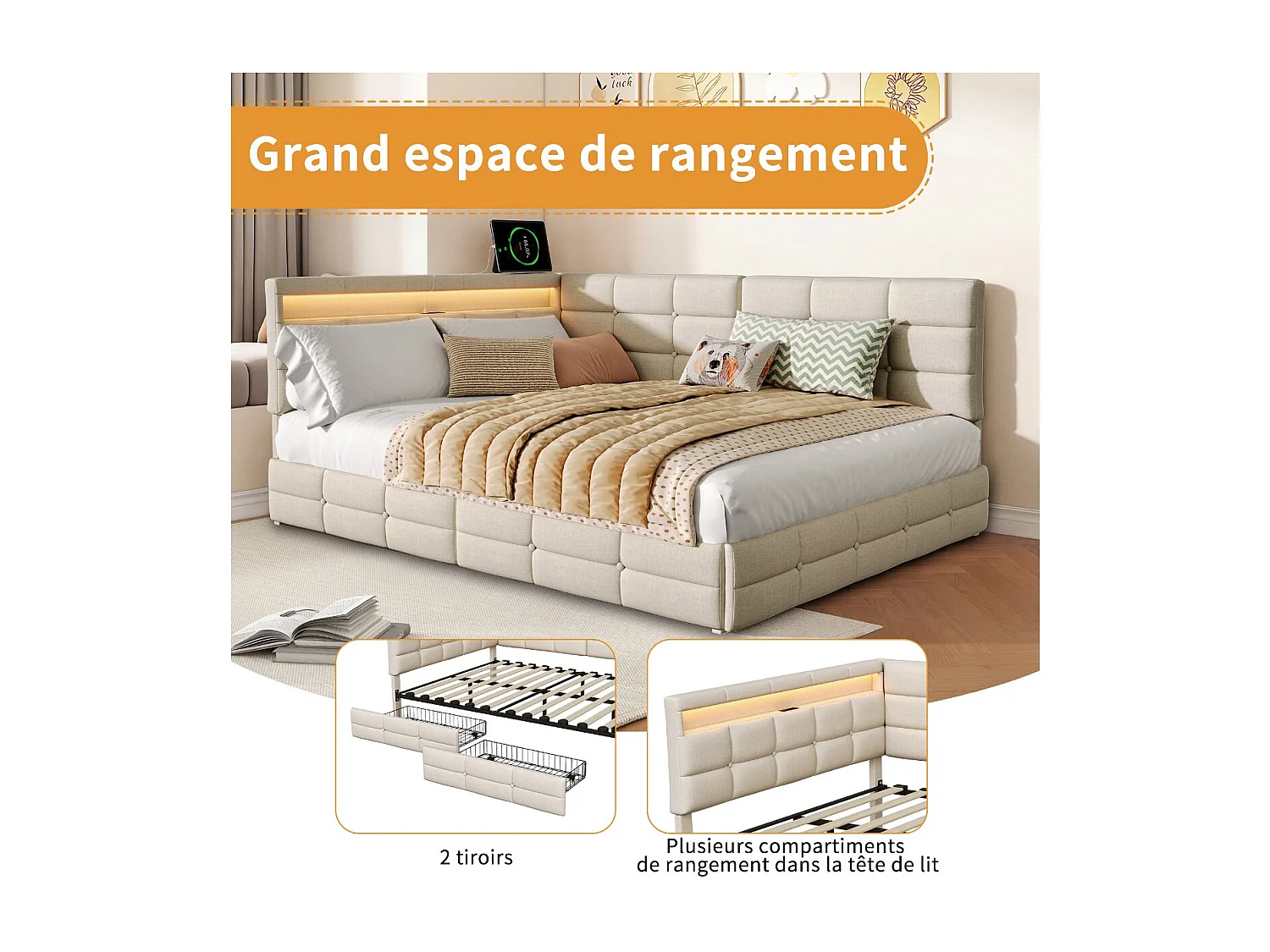 Lit rembourré 140x190 cm - avec tiroirs - tissu beige - tête de lit capitonnée avec LED - sommier à lattes inclus