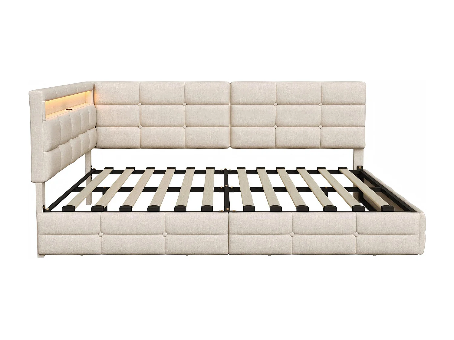 Lit rembourré 140x190 cm - avec tiroirs - tissu beige - tête de lit capitonnée avec LED - sommier à lattes inclus