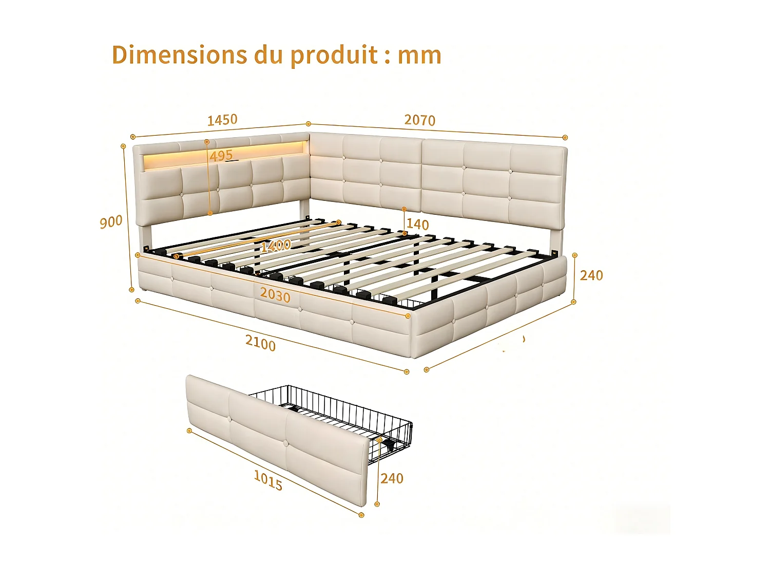Lit rembourré 140x190 cm - avec tiroirs - tissu beige - tête de lit capitonnée avec LED - sommier à lattes inclus