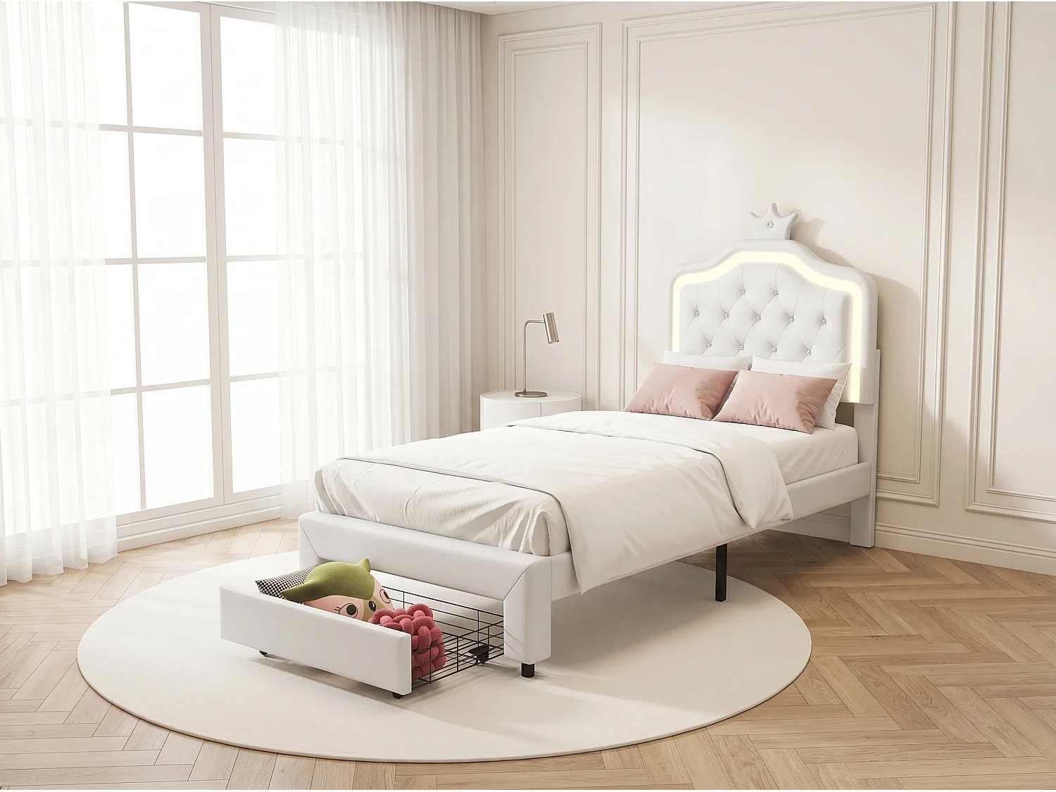 Lit enfant 90x200 cm - éclairage LED RGB - blanc style princesse - avec rangement