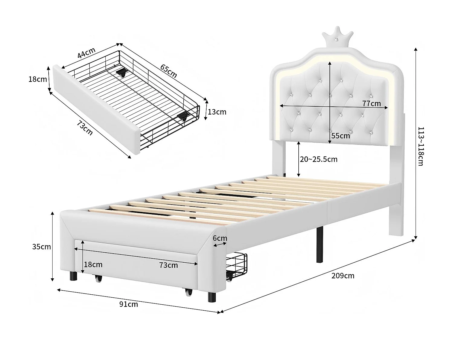 Lit enfant 90x200 cm - éclairage LED RGB - blanc style princesse - avec rangement