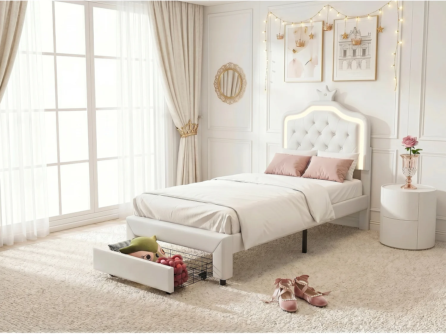 Lit enfant 90 x 200 cm - Blanc style princesse - LED RGB et rangement