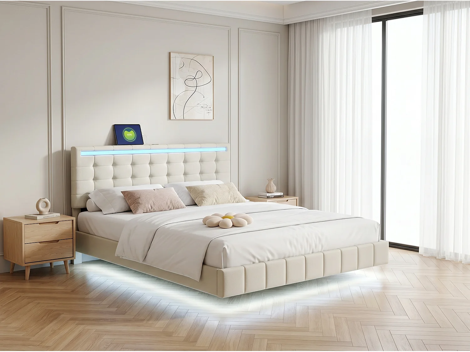 Lit LED effet flottant 160x200 cm, lit tapissé beige avec pieds invisibles, cadre de lit moderne avec sommier à lattes