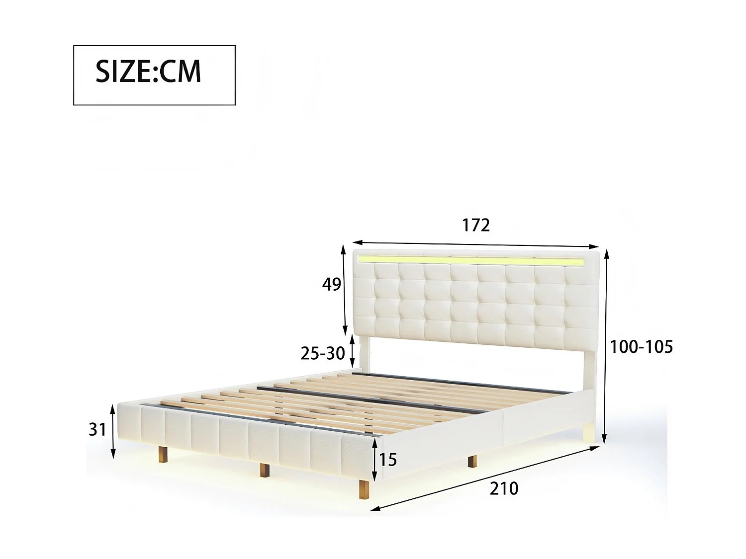 Lit LED effet flottant 160x200 cm, lit tapissé beige avec pieds invisibles, cadre de lit moderne avec sommier à lattes