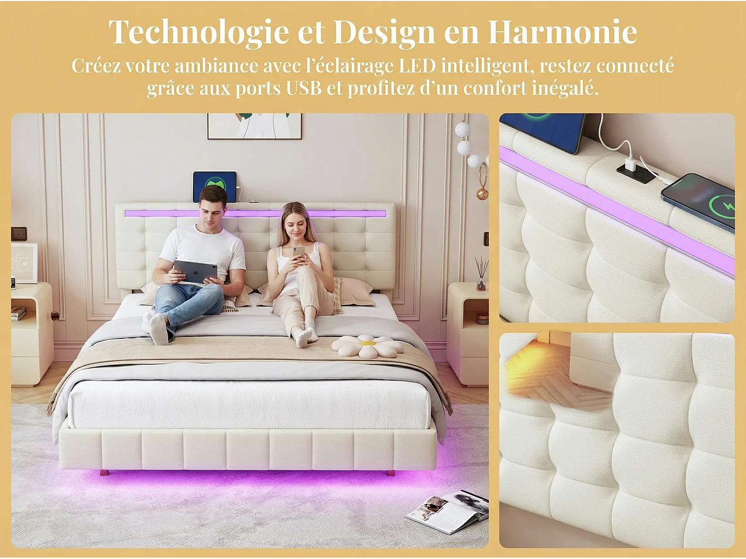 Lit LED effet flottant 160x200 cm, lit tapissé beige avec pieds invisibles, cadre de lit moderne avec sommier à lattes