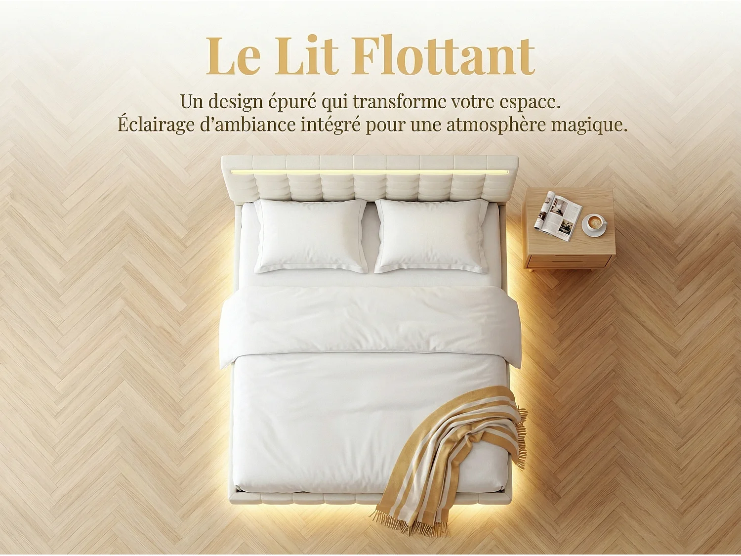 Lit LED effet flottant 160x200 cm, lit tapissé beige avec pieds invisibles, cadre de lit moderne avec sommier à lattes