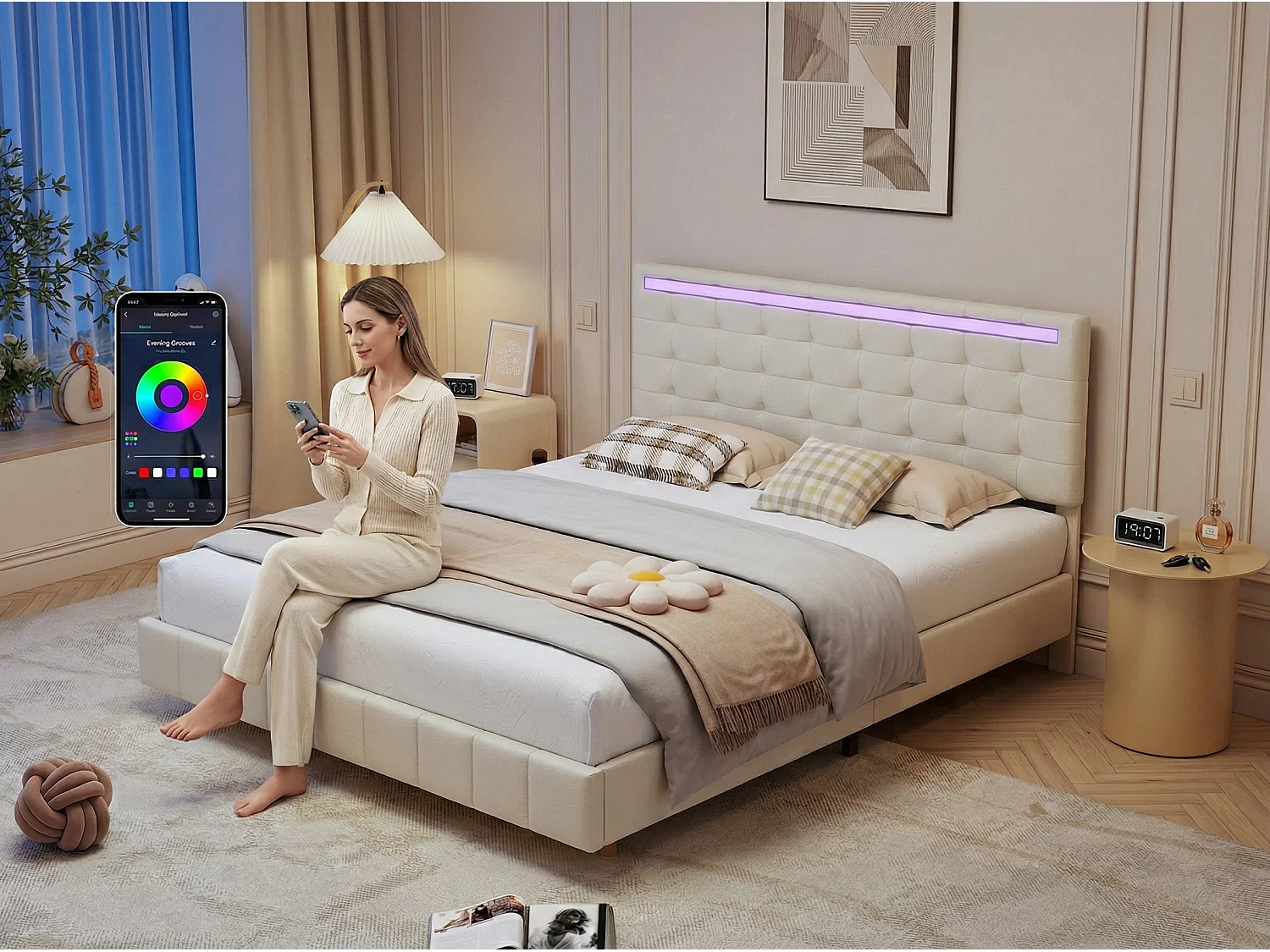 Lit LED effet flottant 160x200 cm, lit tapissé beige avec pieds invisibles, cadre de lit moderne avec sommier à lattes