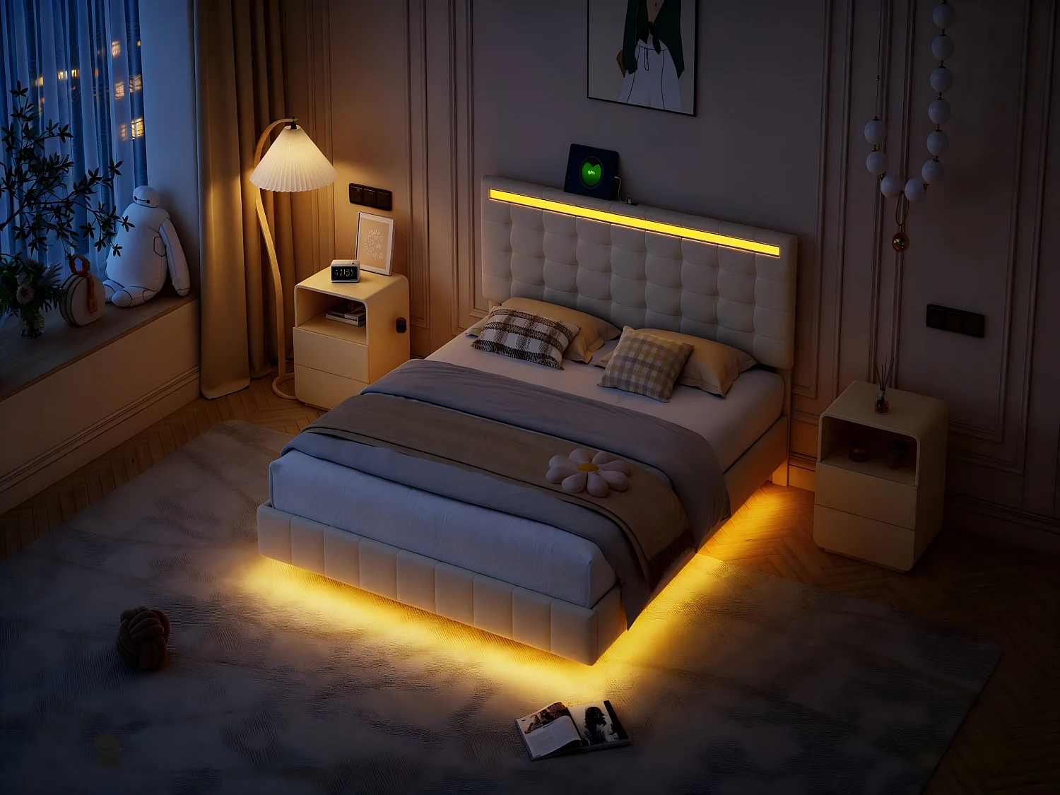 Lit LED effet flottant 160x200 cm, lit tapissé beige avec pieds invisibles, cadre de lit moderne avec sommier à lattes