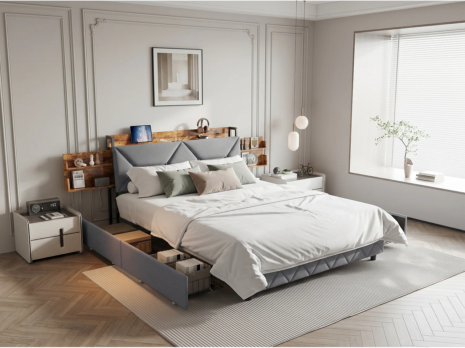 Lit rembourré 140x200 cm - USB + Type-C - 4 tiroirs - tête de lit avec rangement caché - beige