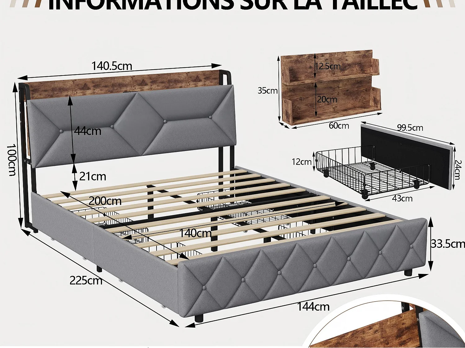 Lit rembourré 140x200 cm - USB + Type-C - 4 tiroirs - tête de lit avec rangement caché - beige
