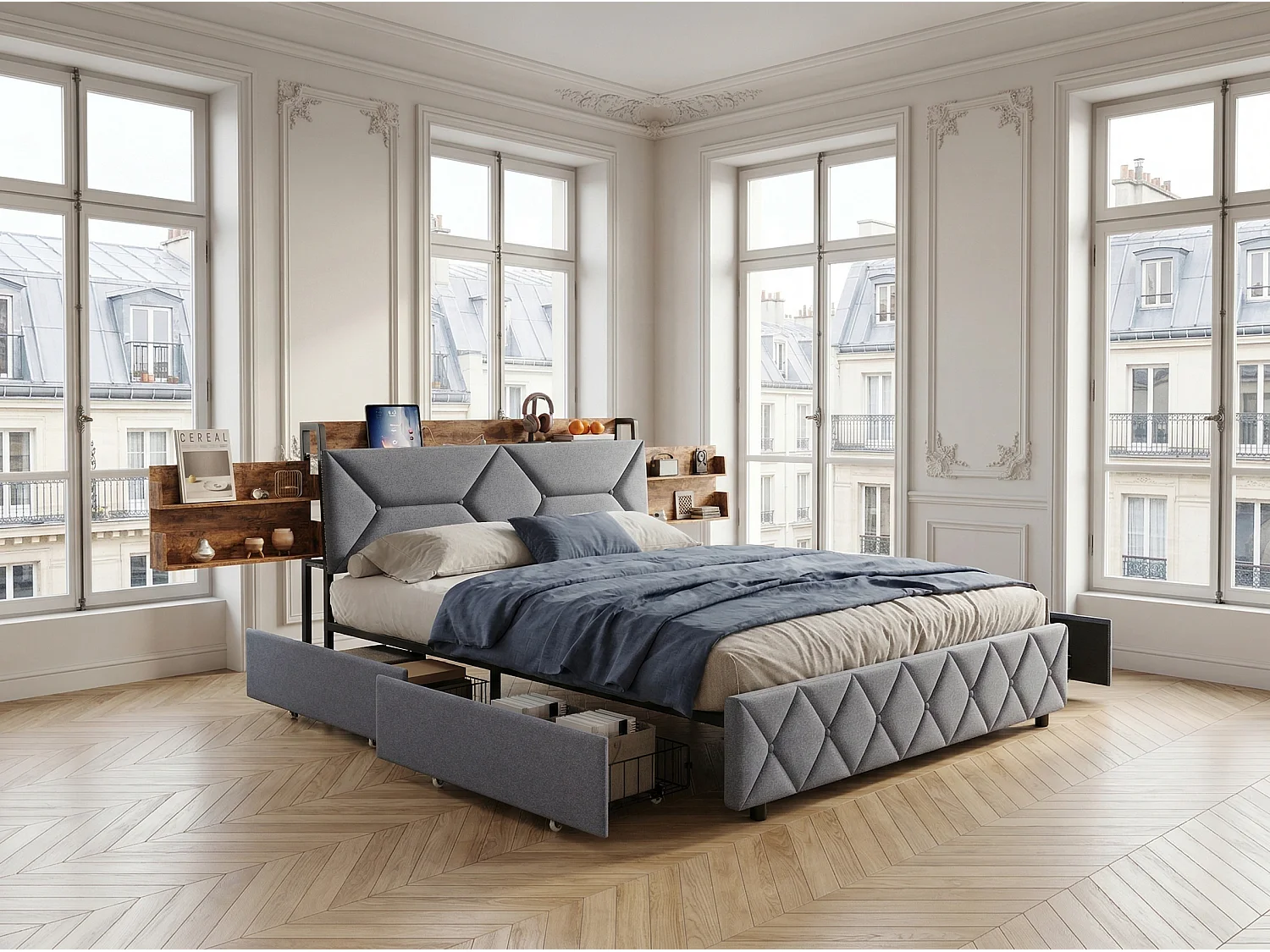 Lit rembourré 140x200 cm - USB + Type-C - 4 tiroirs - tête de lit avec rangement caché - beige