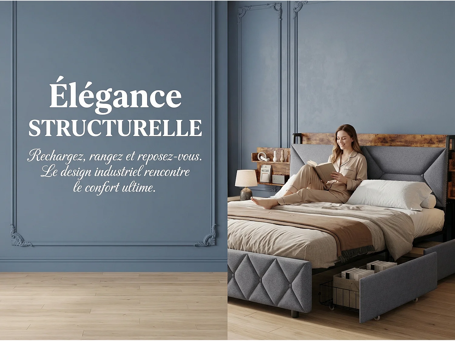 Lit rembourré 140x200 cm - USB + Type-C - 4 tiroirs - tête de lit avec rangement caché - beige