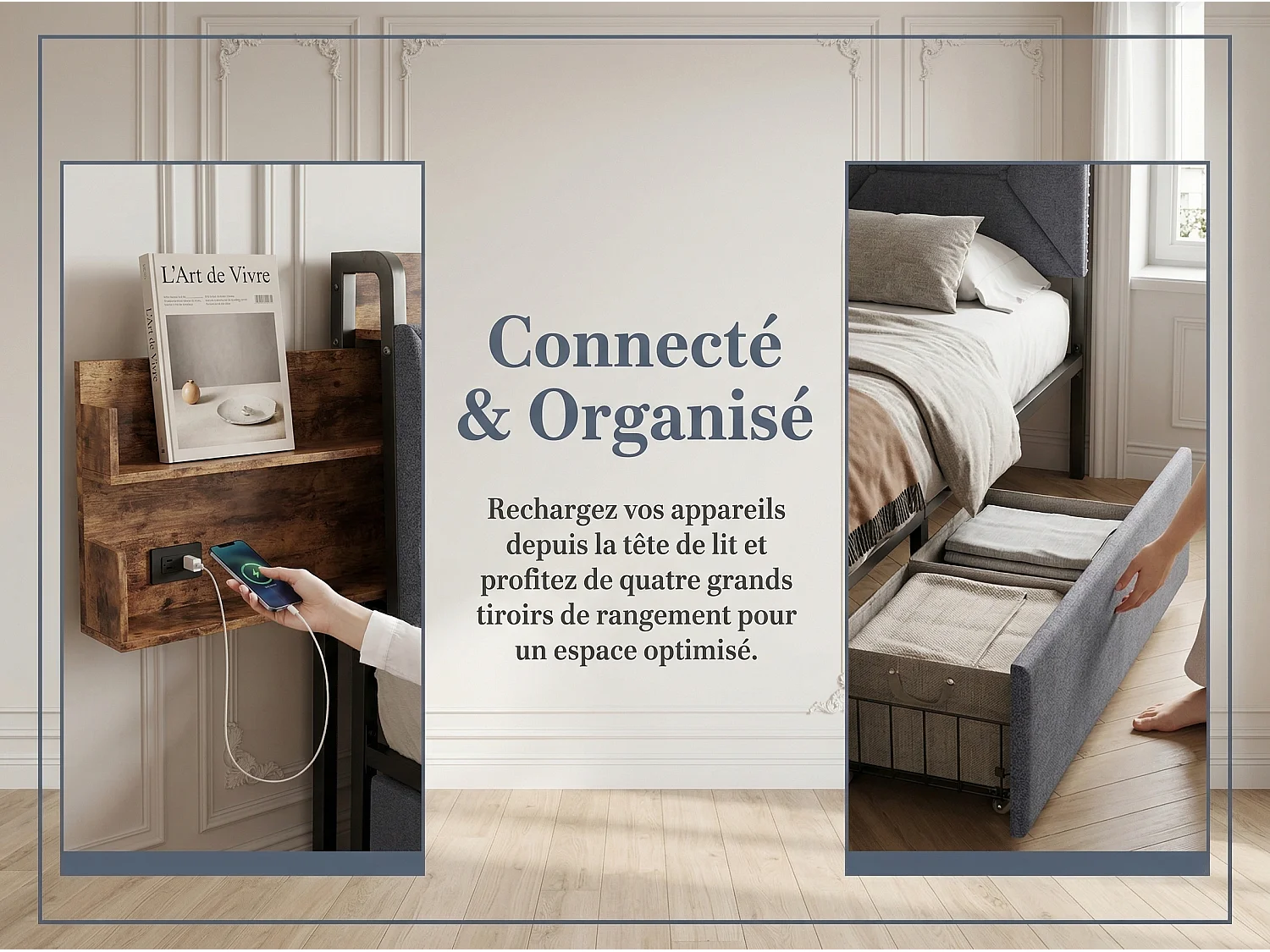 Lit rembourré 140x200 cm - USB + Type-C - 4 tiroirs - tête de lit avec rangement caché - beige