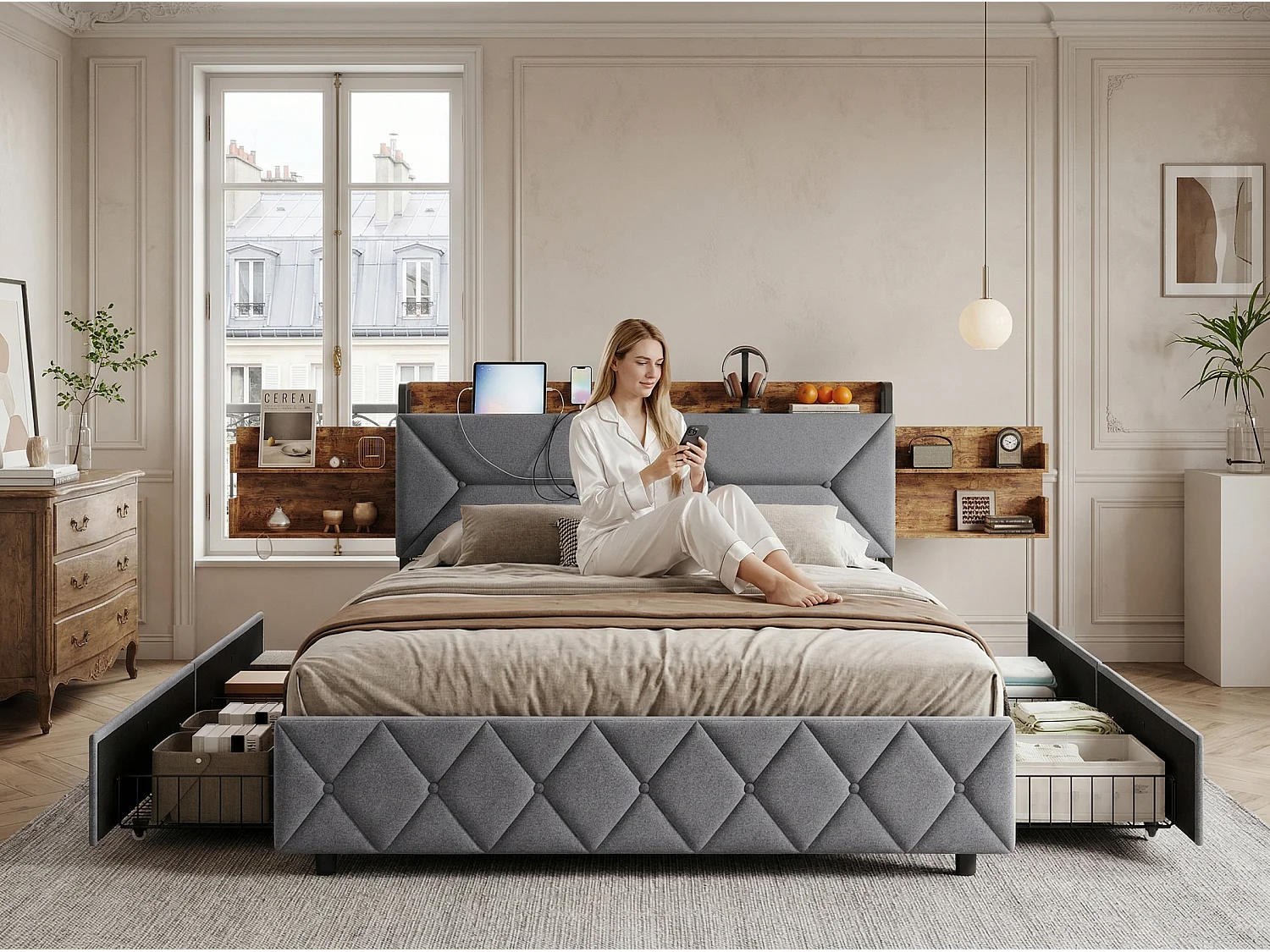 Lit rembourré 140x200 cm - USB + Type-C - 4 tiroirs - tête de lit avec rangement caché - beige