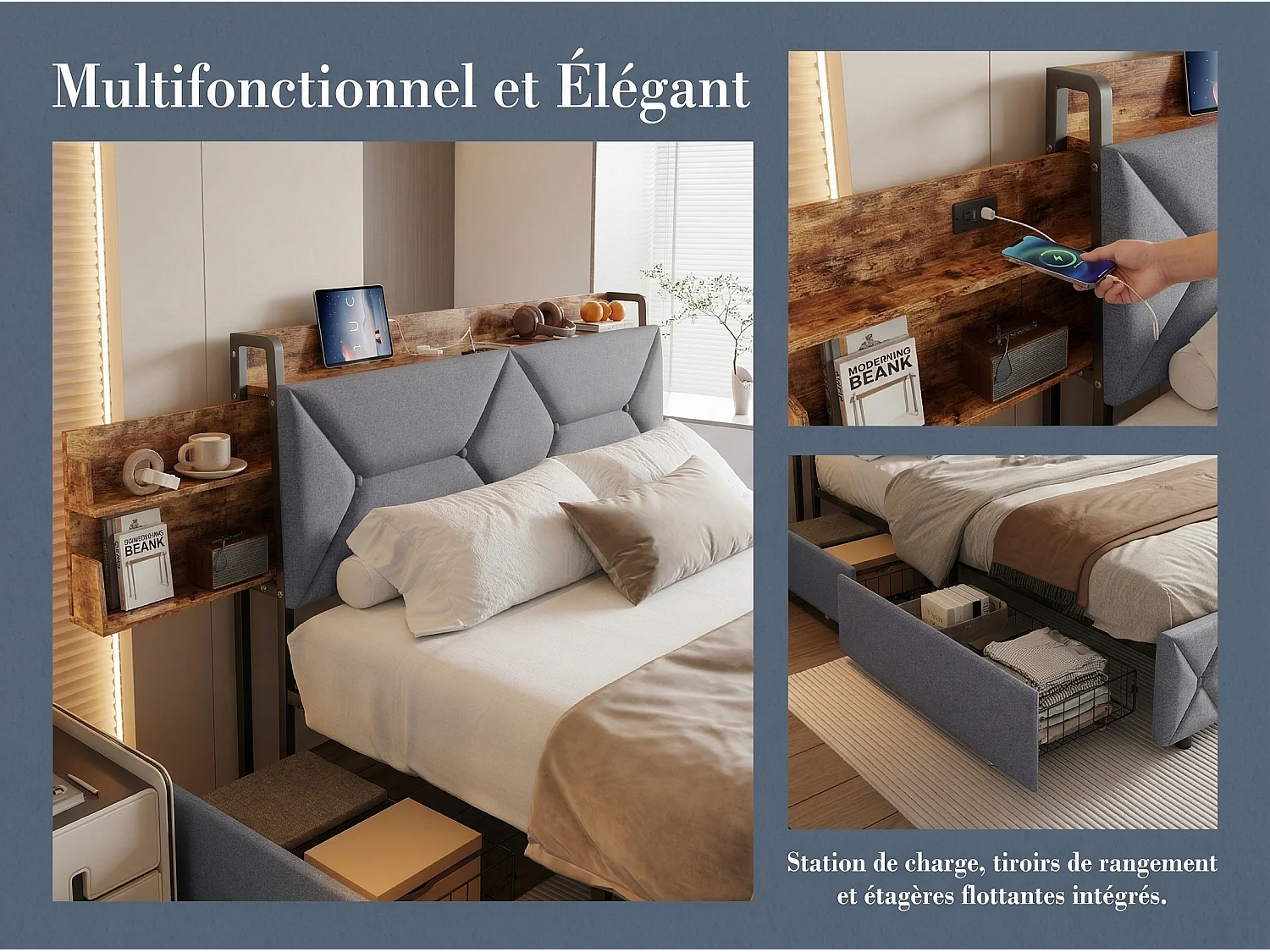 Lit rembourré 140x200 cm - USB + Type-C - 4 tiroirs - tête de lit avec rangement caché - beige