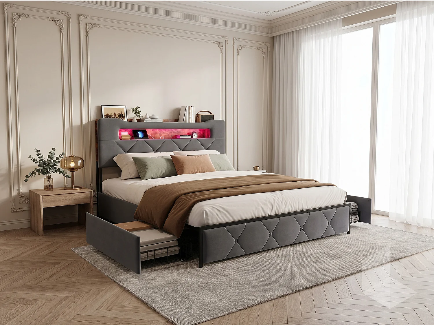 Lit avec 4 tiroirs - 140x190cm - avec LED, USB et tête de lit rangement - Gris