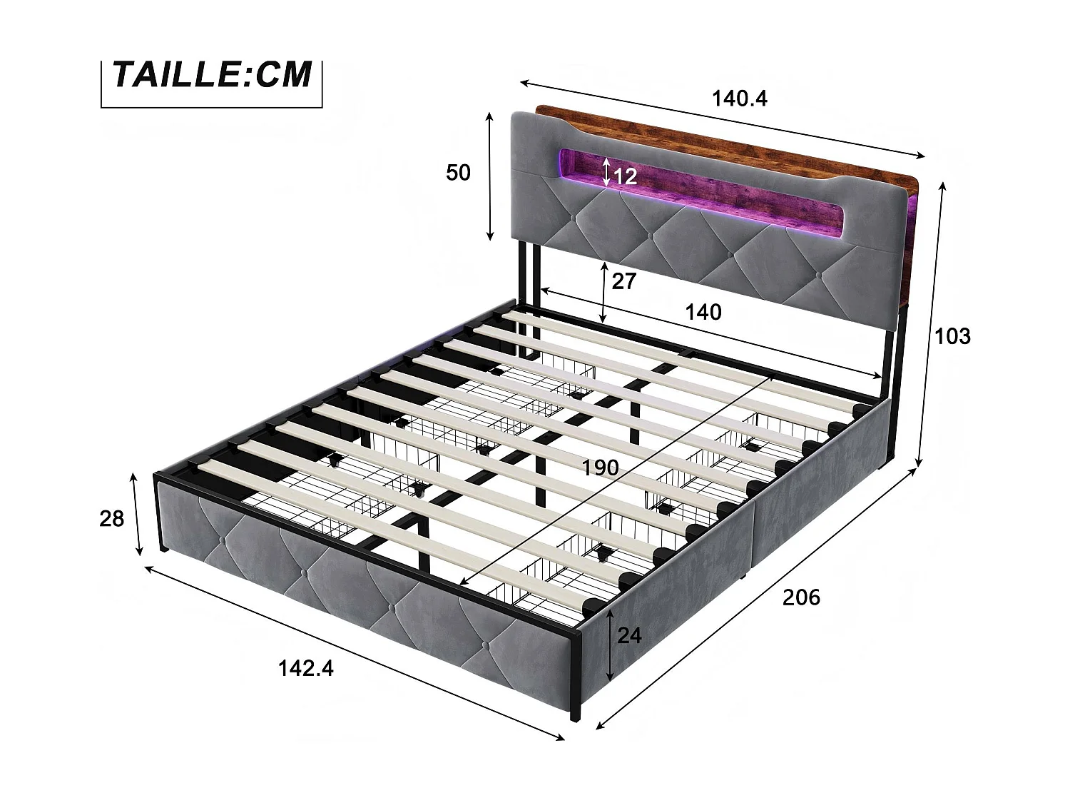 Lit avec 4 tiroirs - 140x190cm - avec LED, USB et tête de lit rangement - Gris