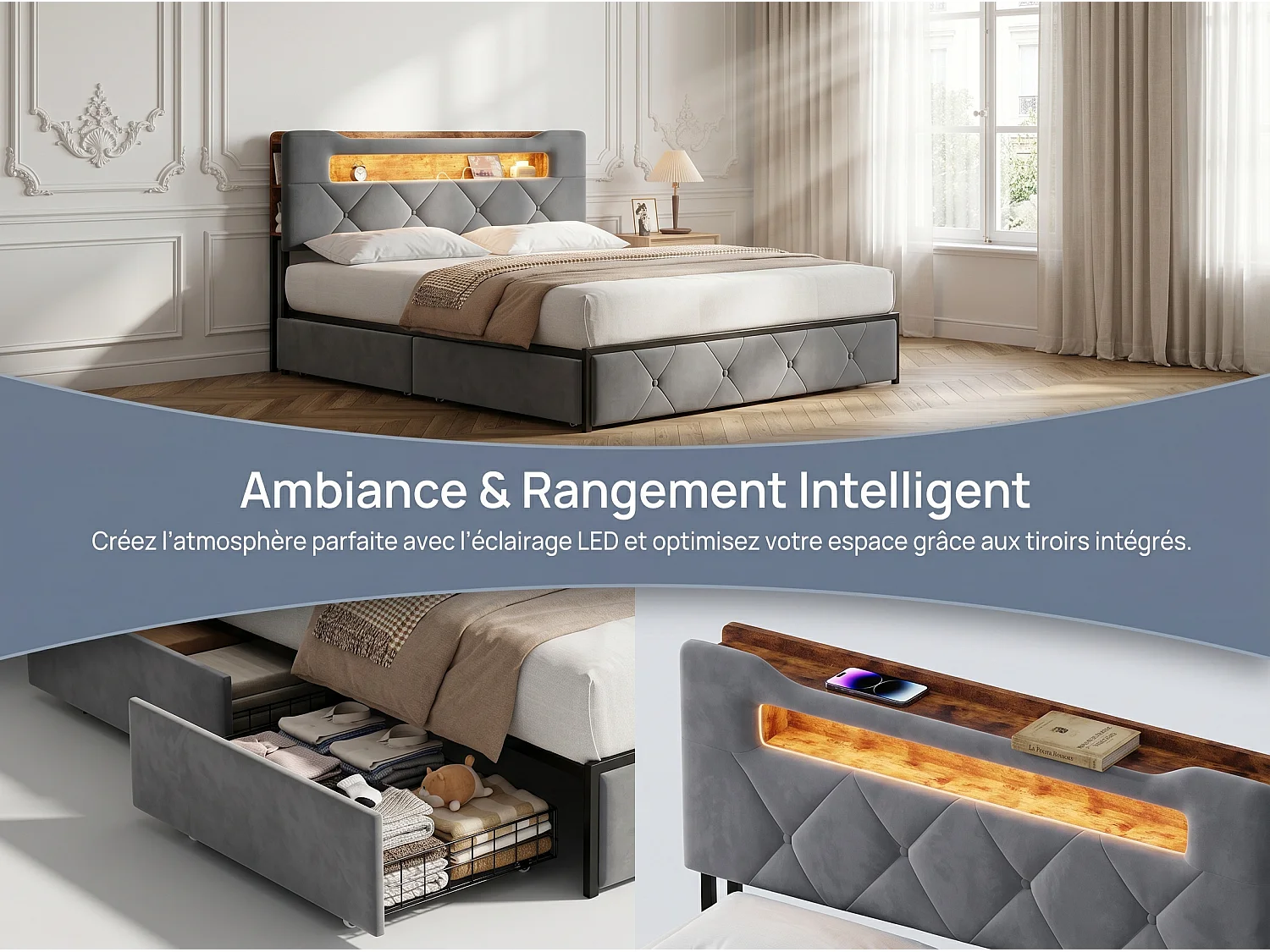 Lit avec 4 tiroirs - 140x190cm - avec LED, USB et tête de lit rangement - Gris