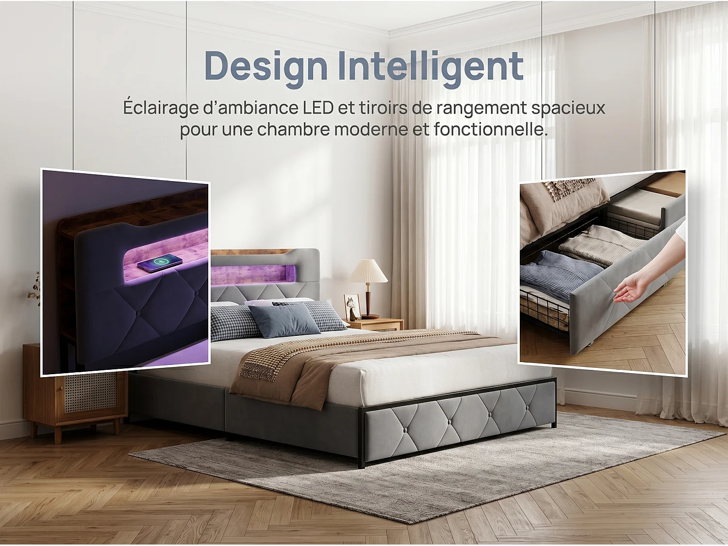 Lit avec 4 tiroirs - 140x190cm - avec LED, USB et tête de lit rangement - Gris