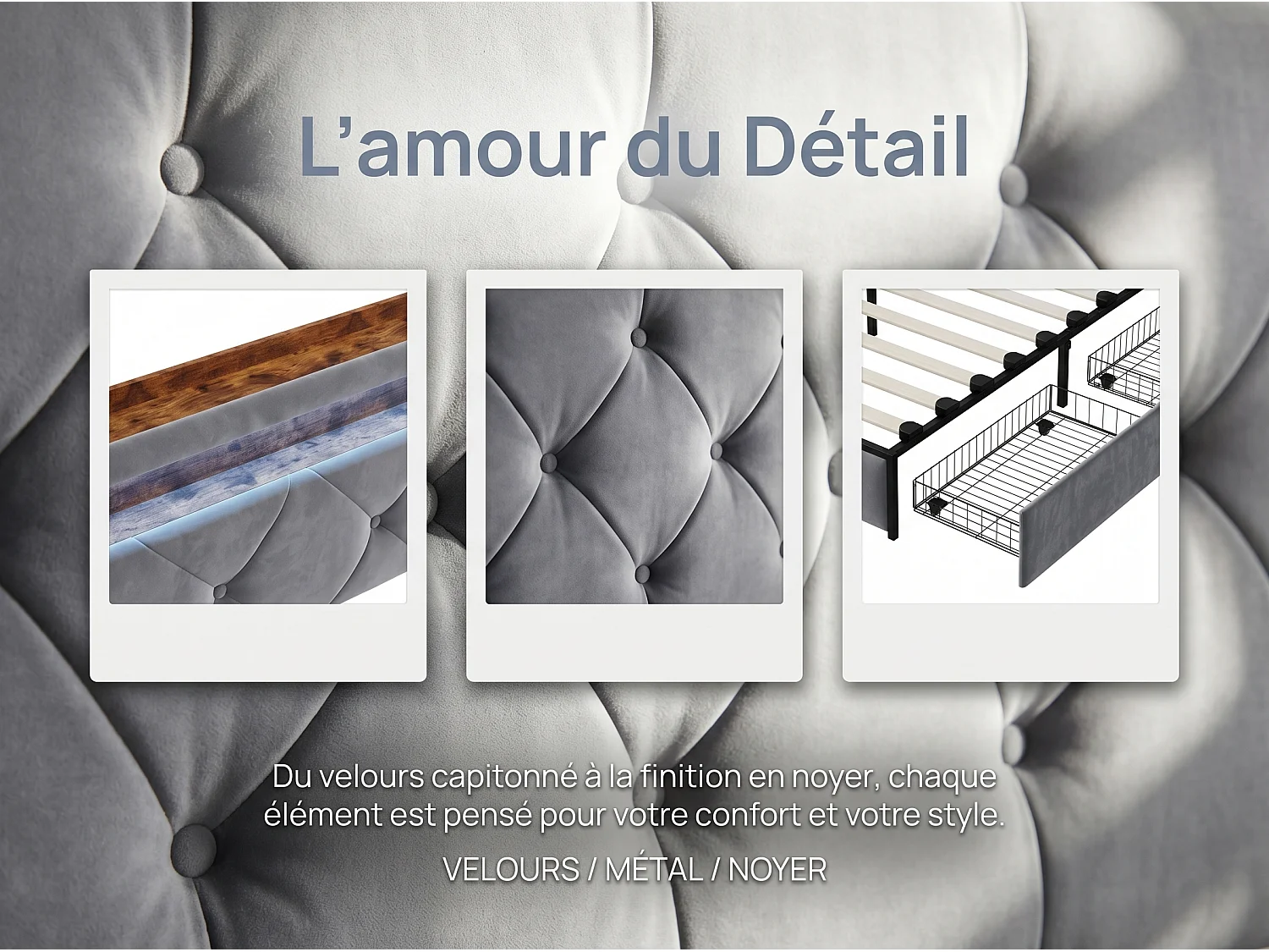 Lit avec 4 tiroirs - 140x190cm - avec LED, USB et tête de lit rangement - Gris