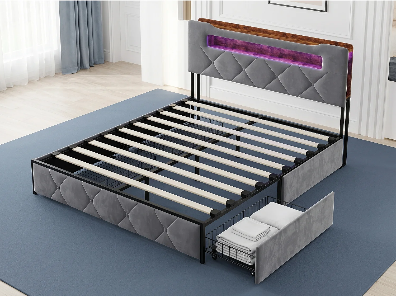 Lit avec 4 tiroirs - 140x190cm - avec LED, USB et tête de lit rangement - Gris