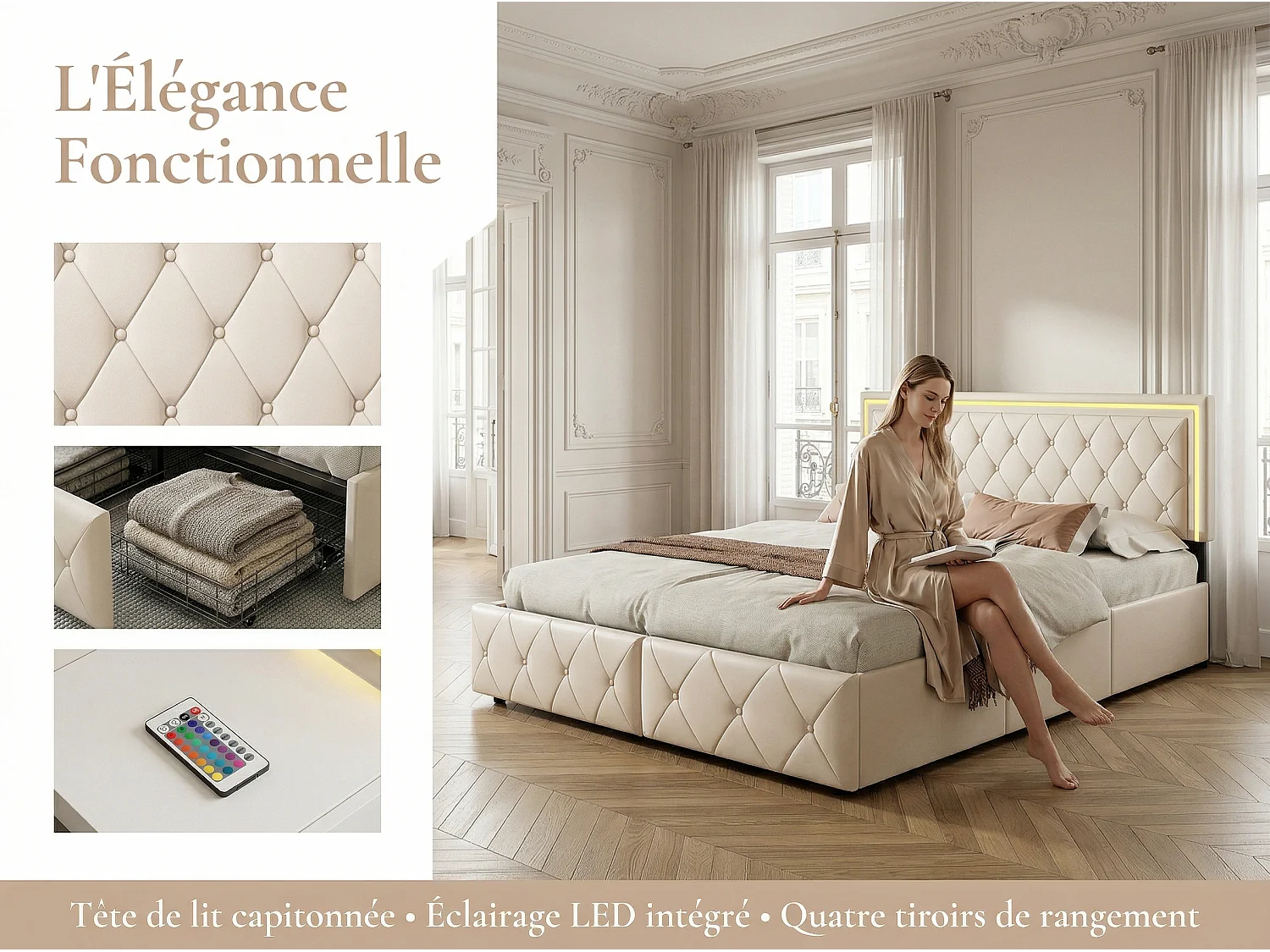 Lit rembourré 140 x 200 cm - LED RGB, 4 tiroirs et tête capitonnée