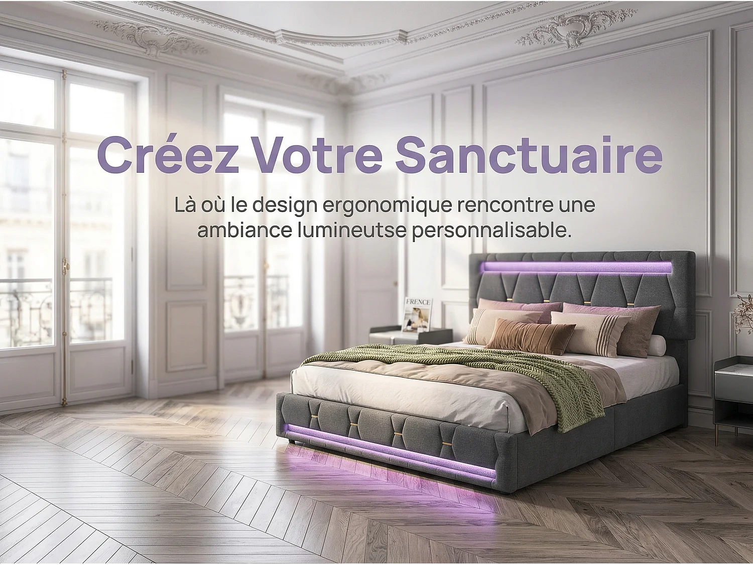 Lit rembourré 160x200 cm - LED RGB avec APP - 4 tiroirs - tête de lit réglable - tissu gris