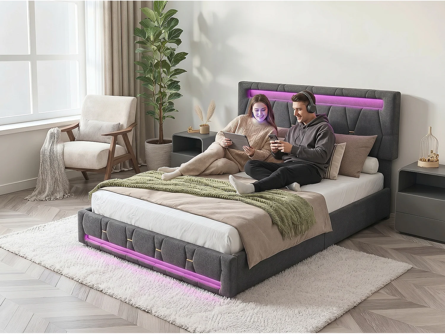 Lit rembourré 160x200 cm - LED RGB avec APP - 4 tiroirs - tête de lit réglable - tissu gris