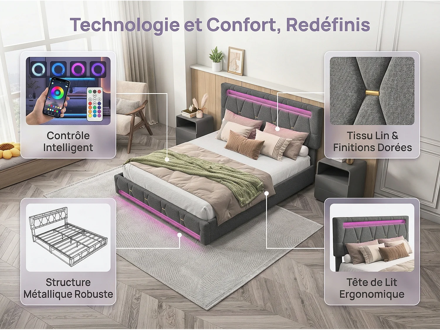 Lit rembourré 160x200 cm - LED RGB avec APP - 4 tiroirs - tête de lit réglable - tissu gris