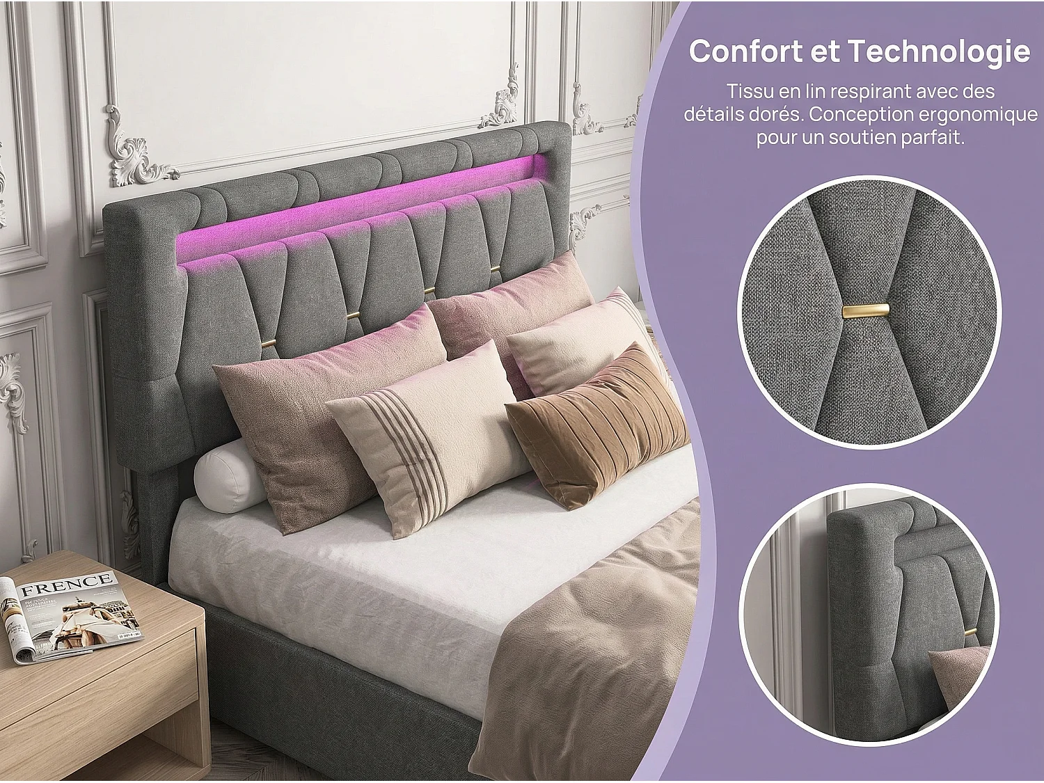 Lit rembourré 160x200 cm - LED RGB avec APP - 4 tiroirs - tête de lit réglable - tissu gris