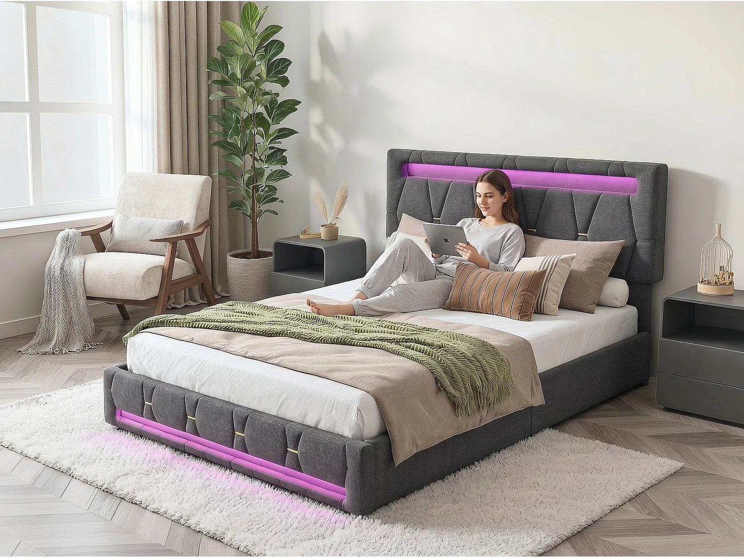 Lit rembourré 160x200 cm - LED RGB avec APP - 4 tiroirs - tête de lit réglable - tissu gris
