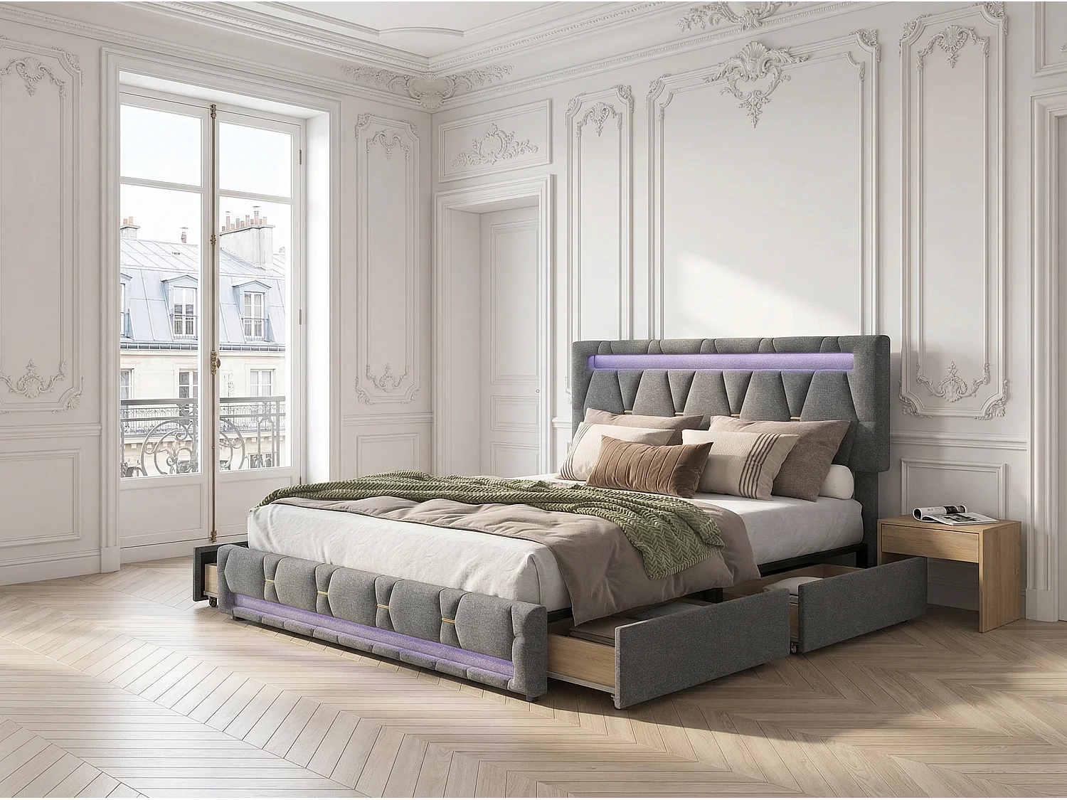Lit rembourré 160x200 cm - LED RGB avec APP - 4 tiroirs - tête de lit réglable - tissu gris
