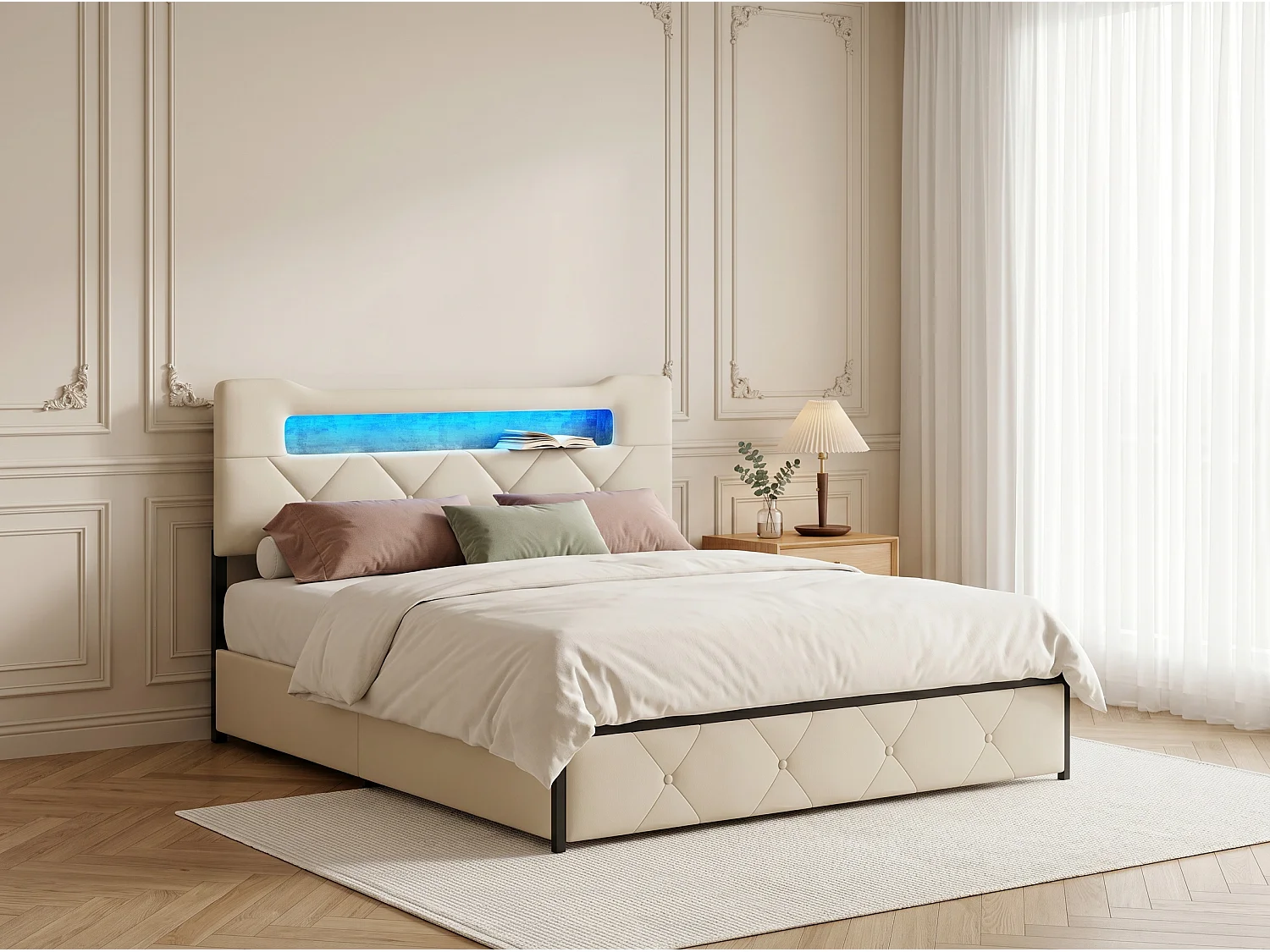 Lit avec 4 tiroirs - 140x190cm - avec LED, USB et tête de lit rangement - Beige