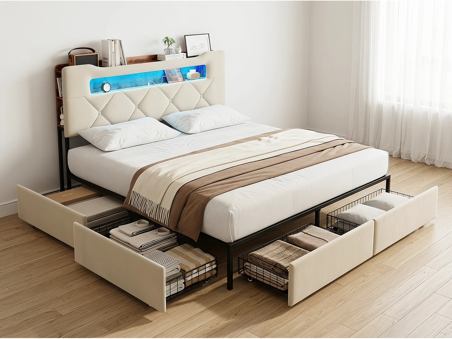Lit avec 4 tiroirs - 140x190cm - avec LED, USB et tête de lit rangement - Beige