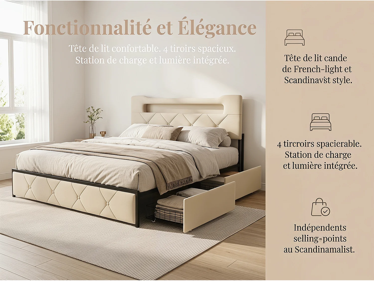 Lit avec 4 tiroirs - 140x190cm - avec LED, USB et tête de lit rangement - Beige