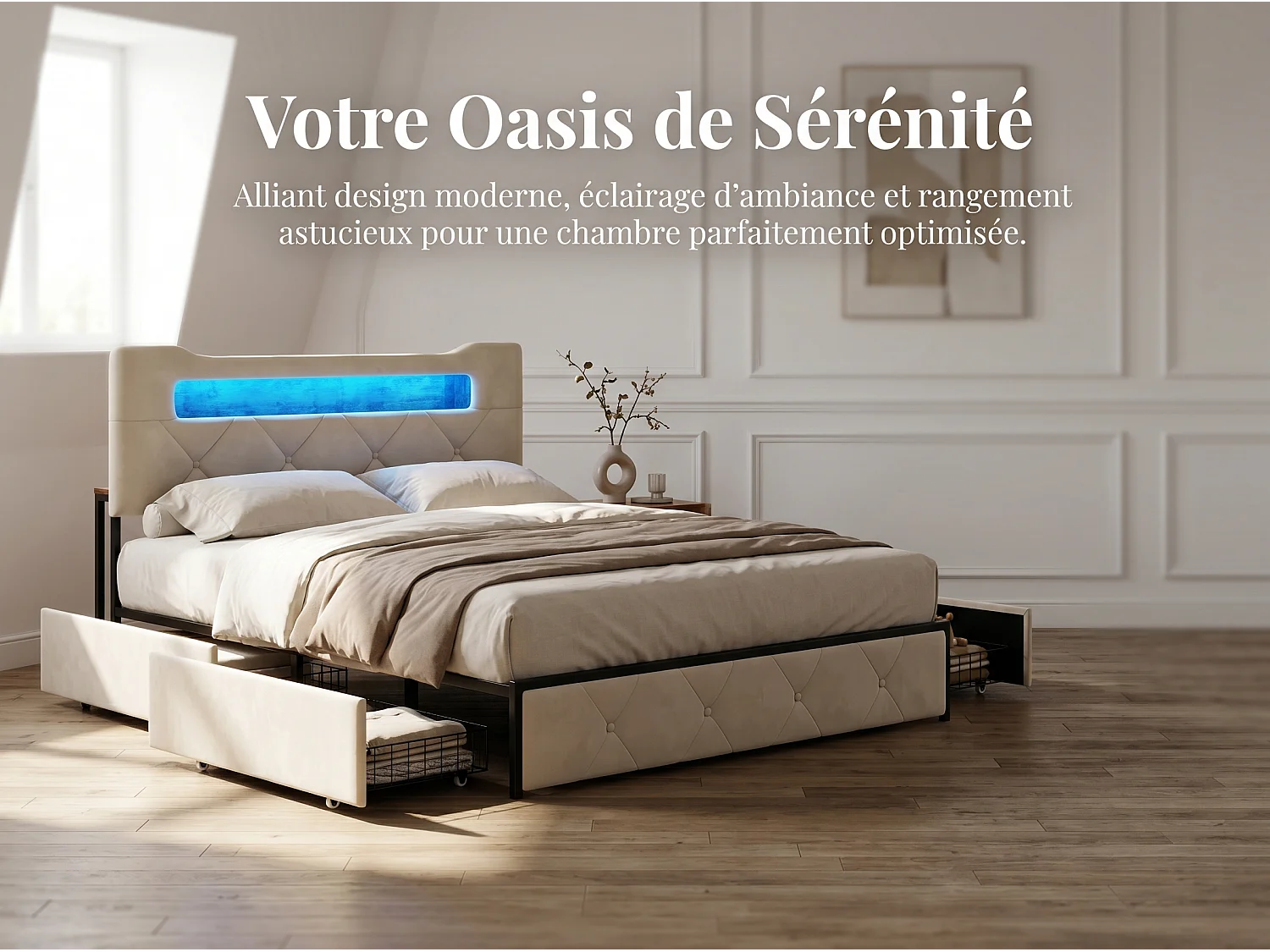 Lit avec 4 tiroirs - 140x190cm - avec LED, USB et tête de lit rangement - Beige