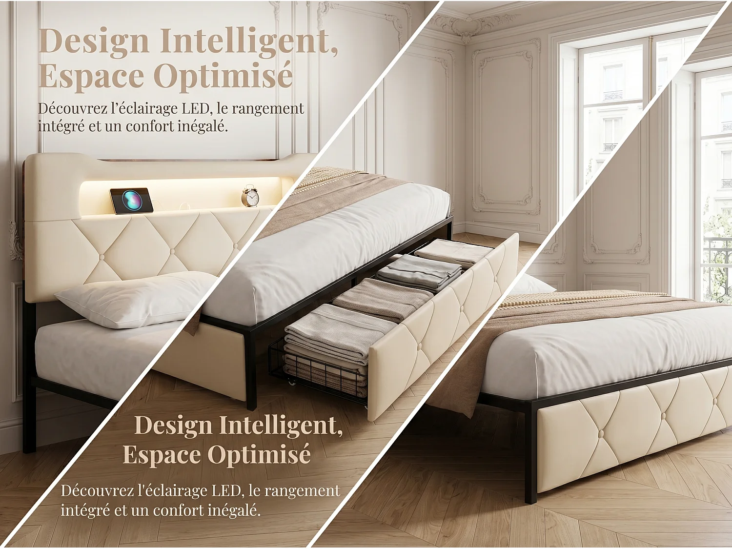 Lit avec 4 tiroirs - 140x190cm - avec LED, USB et tête de lit rangement - Beige