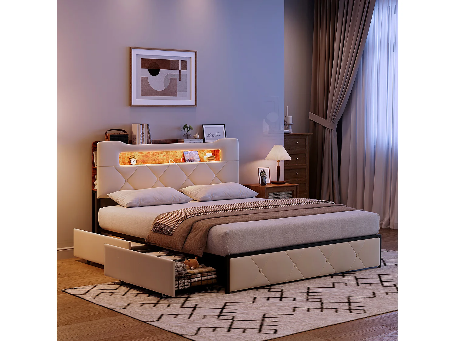 Lit Coffre 140x190 cm Beige en Velours, Lit Double Rembourré avec Tiroirs de Rangement, Tête de Lit avec Étagère et LED, Cadre de Lit avec Sommier